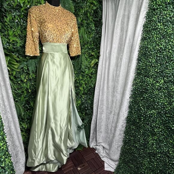 Elegant Dress Women 6 Gold Green High Neck Sequin Gown Layered Split Formal 2597 - Picture 3 of 9